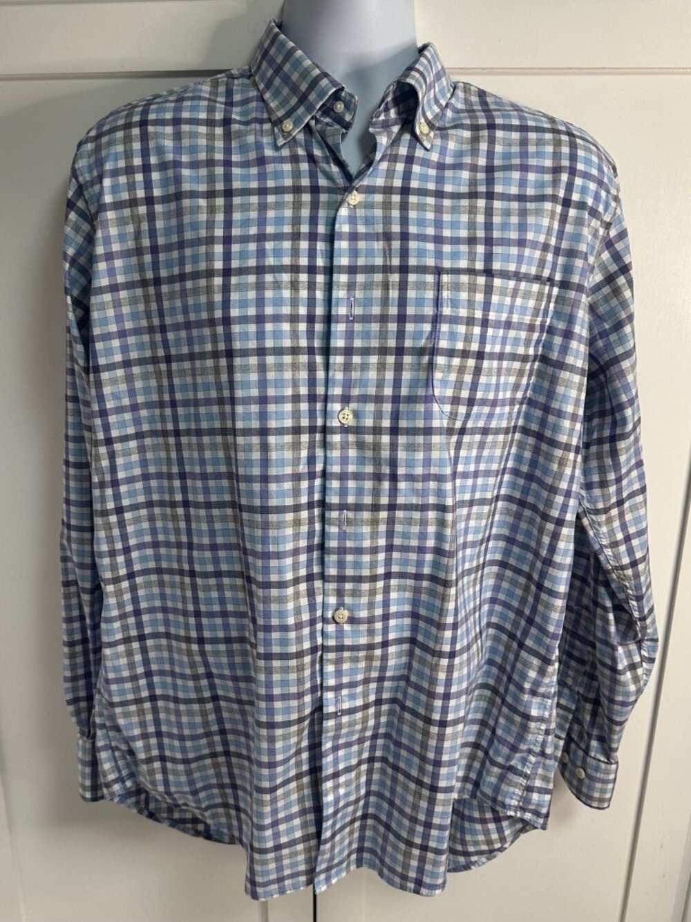 Peter Millar Long Sleeve Gingham Plaid Shirt Large Blue and Lavender Preppy